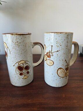 Vintage speckled brown tall mugs handpainted Japan retro bee and ladybug